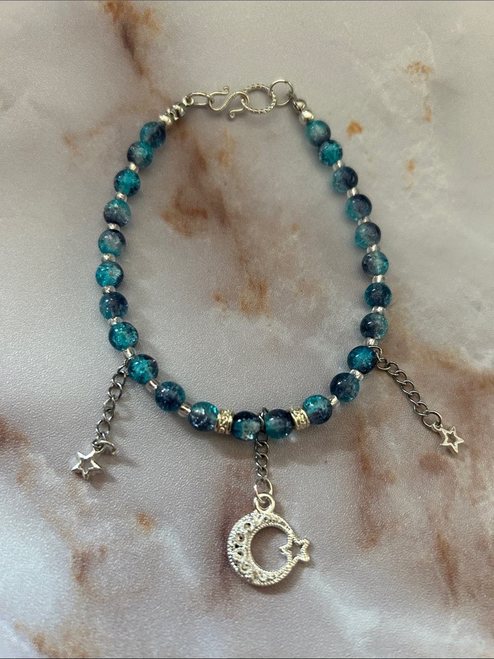 Silver Moon & Star Teal Beaded Bracelet